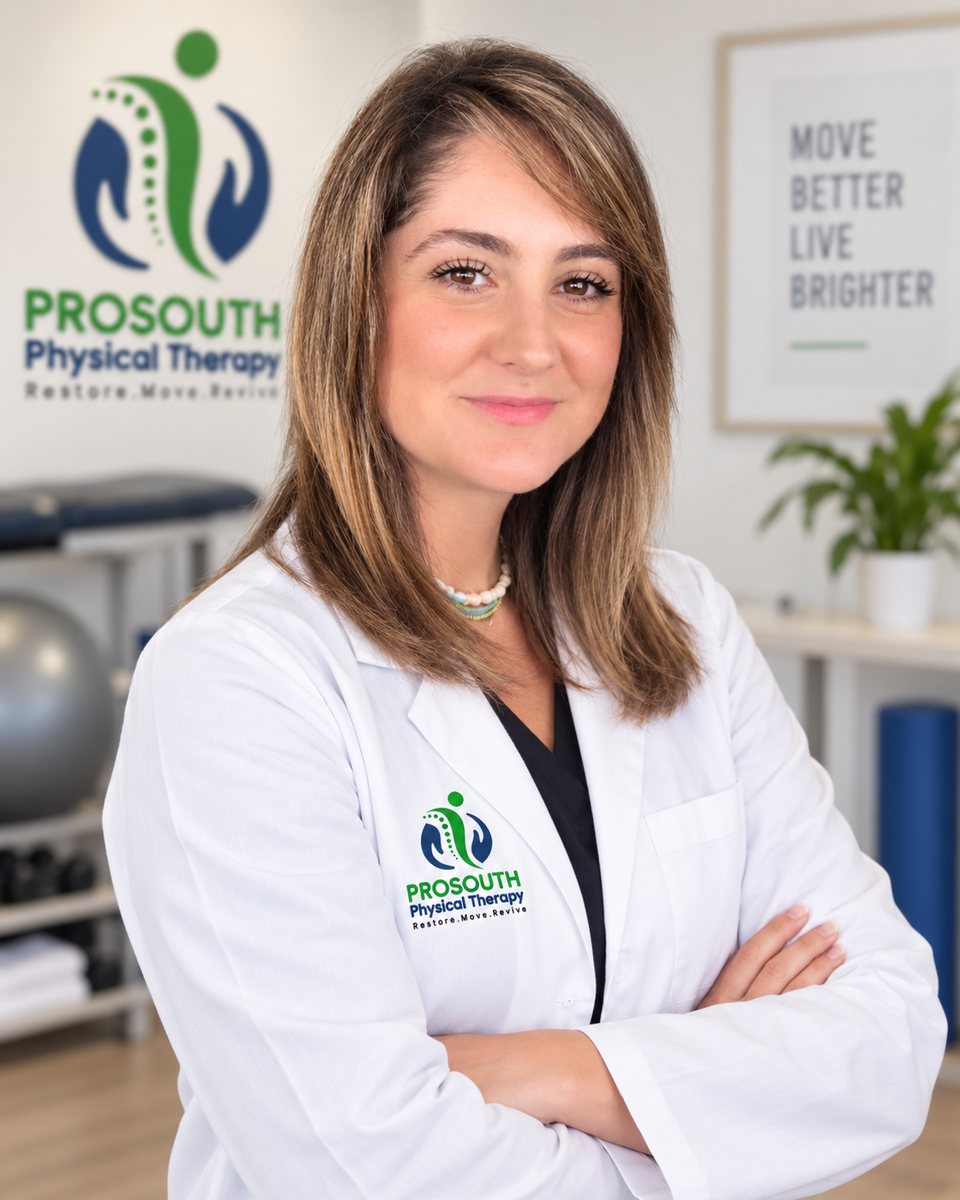 Dr. Yelieseth Diaz, a licensed physical therapist, in a ProSouth Physical Therapy coat